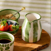 Green stripe small ceramic jug with green and white stripes and glossy finish hand painted small ceramic jug