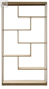 Modern gold-toned brushed brass multi tier shelving unit with geometric stepped design and light wood shelves