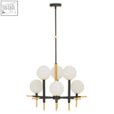 Black and gold grosvenor six bulb pendant light with frosted glass globe shades perfect for modern spaces