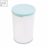 White plastic storage container with clear three section design and light blue lid for organized storage