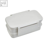 White plastic grub tub grey two-tier lunch box with snap-on lid and secure side latches for easy carrying