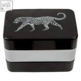 Black and white three tiered grub tub leopard lunch box with silver leopard design lid and cutlery included