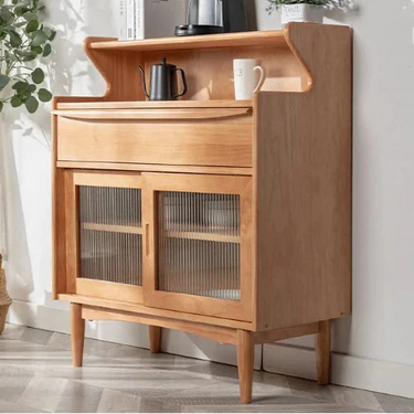 Light wood finish h11 elvis rattan coffee station cabinet with glass doors and curved top shelf in oak