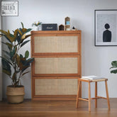 H14 dex rattan three-tiered shoe cabinet with drawer in warm light brown wood and natural rattan panels for shoe storage