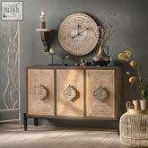 Rustic wooden hades mid century style sideboard with three carved floral handle doors and raised panel design
