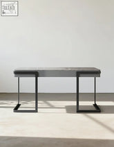 Modern minimalist hadley office desk with sleek gray sintered stone top and black metal frame for office use