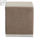 Beige suede cube stool with silver metal base from the hagen mink velvet stool collection
