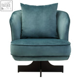 Hale azure velvet swivel chair in teal velvet with matching cushion and sleek black metal base