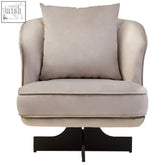Beige velvet swivel chair with matching cushion and sleek black metal base perfect for stylish comfort