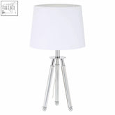 White drum-shaped lampshade on halia chrome finish tripod table lamp with sleek chrome finish tripod base