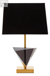 Halina smoked crystal table lamp with black rectangular shade and gold metal triangular crystal base and square pedestal