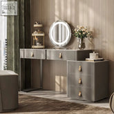 Modern grey hall dressing table with sleek drawers gold leather pulls and circular led mirror on top