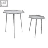 Set of two halle silver hexagonal side tables with slender metallic legs and brushed silver finish perfect for living room