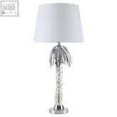 Silver halm palm tree table lamp with white drum shade and crystal encrusted trunk in palm tree design