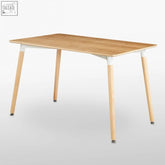 Halo 4 or 6 seating dining table with light wood grain top, wooden legs, white metal joints, and premium quality materials