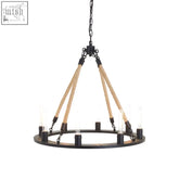 Black wrought iron hampstead 8 bulbs chandelier with natural fiber rope arms and antique black exposed bulb sockets