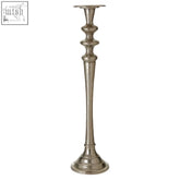 Silver-toned aluminium candle holder with a slender body and decorative ridges perfect as a stylish candle holder