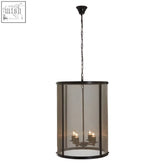 Black finish large pendant light hampstead black finish with cylindrical mesh cage and four lit candle bulbs