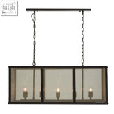 Black metal rectangular wide pendant light with three glass panels and candle bulbs in hampstead black finish