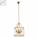 Gold-toned hampstead brass finish 6 bulb pendant light with clear glass cylindrical enclosure and ornate metal frame