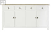 White painted wooden hampstead four door sideboard with light oak top and black ring pulls four door sideboard