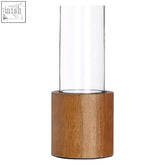Hampstead hurricane small candle holder with clear glass cylinder resting on a mango wood base
