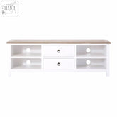 White wooden media console with light brown top and two drawers with silver knobs in hampstead media unit style