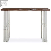 Modern hampstead natural console table with rustic dark wood top and sleek silver console table chrome legs