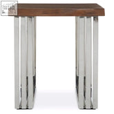 Hampstead natural and silver small console table with a rustic brown wooden top and sleek chrome metal legs