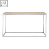 Modern hampstead oak wood console table with light oak wood top and sleek chrome metal frame for entryways