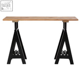 Black metal a-frame console table with a light pine wood top and sturdy iron base perfect for entryways or living rooms