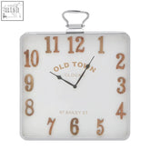 Hampstead pocket style square wall clock with a white face gold numerals silver frame and top metal hook wall clock