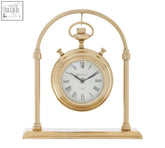 Gold-finished hampstead small round mantel clock with classic roman numerals and arched stand design