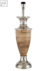 Hampstead table lamp base with a tall silver metallic neck and a wooden body showing natural grain patterns