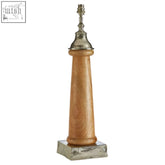 Tall slender hampstead tabor lamp base with warm wooden body and metallic silver accents for stylish lighting