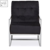 Black tufted velvet chair with sleek chrome stainless steel frame perfect for stylish living spaces
