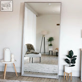 Hanaka grey oak full length leaner mirror with sleek silver frame standing against a white wall 200cm x 100cm