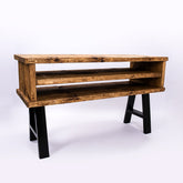 Handmade rustic tv stand with black metal legs and two shelves in rustic wooden console table design