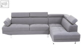Modern grey linen corner sofa with tufted cushions dense foam padding and chromed metal legs for sleek style