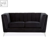 Hansa two seat black velvet sofa with tufted back silver nailhead trim and chromed oblique metal legs