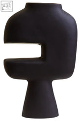 Large black vase hapax abstract with modern black matte ceramic and unique geometric cut-out design