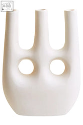 Hapax large cream vase made of white ceramic with three slender spouts and two circular cutouts near the base