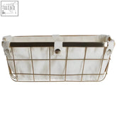 Harga small rectangular storage basket with gold finish wire mesh and beige fabric lining with metal clasp closure