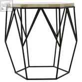 Black hexagon side table with harlo ivory light stone top and black wireframe base perfect for modern spaces