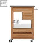 Light wood harlow bamboo kitchen trolley with stainless steel countertop drawer pulls and lower open shelf trolley features