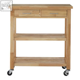 Light oak hevea wood kitchen trolley with two drawers silver handles and black caster wheels from harlow glenn