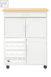 Harlow white kitchen trolley with bamboo top, two upper cabinets, lower cabinet, and built-in wine rack on left side