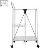 Harlow white rectangular folding kitchen trolley with white metal frame black wheels and wire basket on top shelf