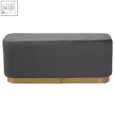 Dark gray upholstered hartford grey velvet bench with sleek modern design and matte gold base legs