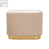 Beige mink velvet ottoman with a matte gold rectangular metal base perfect for stylish seating or footrest